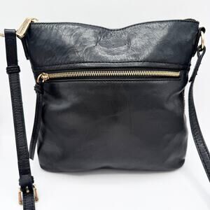 Tommy Bahama Black Leather Crossbody Bag Gold Zip Early 2000s Adjustable Strap